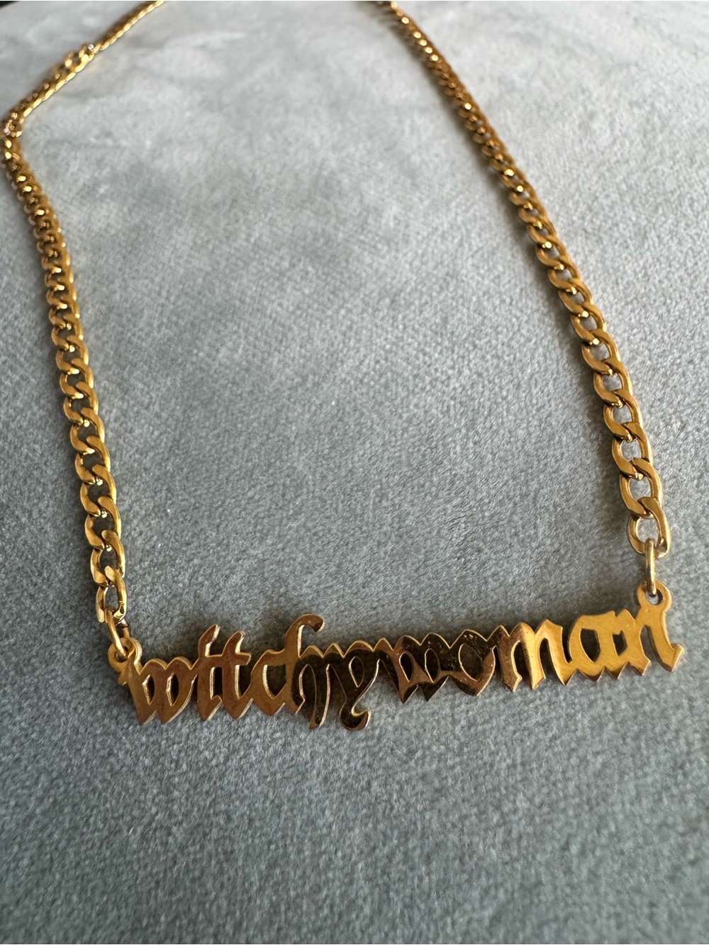 Gold Gothic Olde English Script 'Witchy Woman' Nameplate Necklace